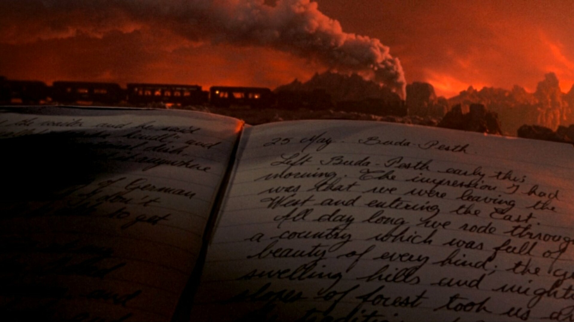 One of the process shots from Bram Stoker's dracula. It's a diary entry being written as a locomotive steams under a red sky.